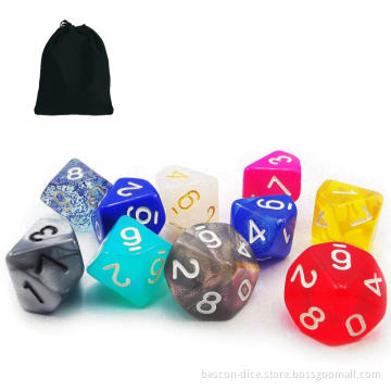 Bescon 10pcs Set of 10 Sided Dice (Number 0-9), 10 Count Assorted Random Multi Effected&Colored Pack of D10 in Drawstring Pouch